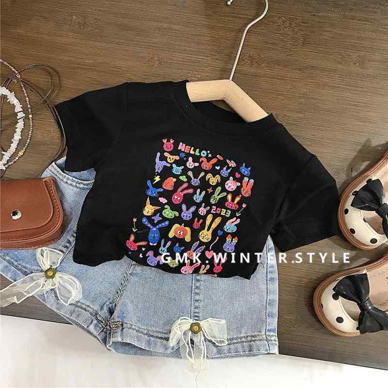 女児 夏 トップス 半袖 Tシャツ かわいい グラフィック プリント 綿 柔軟 接触冷感 女児 デニム ショートパンツ 切り替え デザイン 伸縮性 吸湿速乾 90-140cm 対応 セット