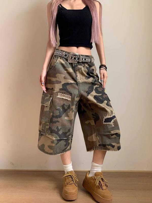 ジーンズ レディース 大きいサイズ 高見え ダメージ加工 パッチワーク ストレート ミリタリー 7分丈 デニムパンツ ゆったり 短パン 高身長 スタイルアップ カジュアル
