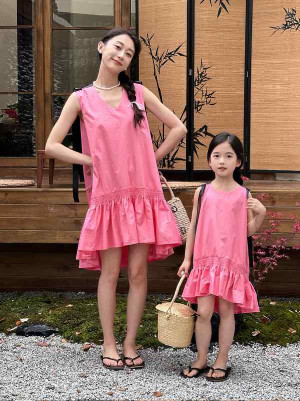 親子 ペア ワンピース 春夏 韓国風 女の子 背中 開き 桃色 ピンク リボン 伸縮性