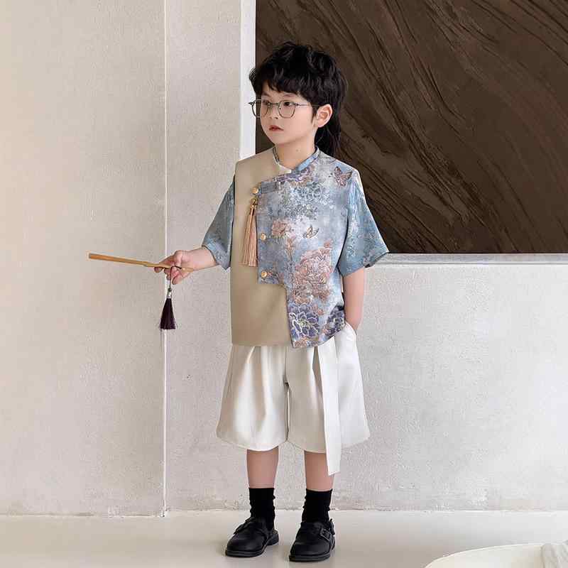 キッズ 男の子 フォーマル スーツ 上下セット 唐装 漢服 中華風 薄手 再生繊維 90 100 110 120 130 140 150 160
