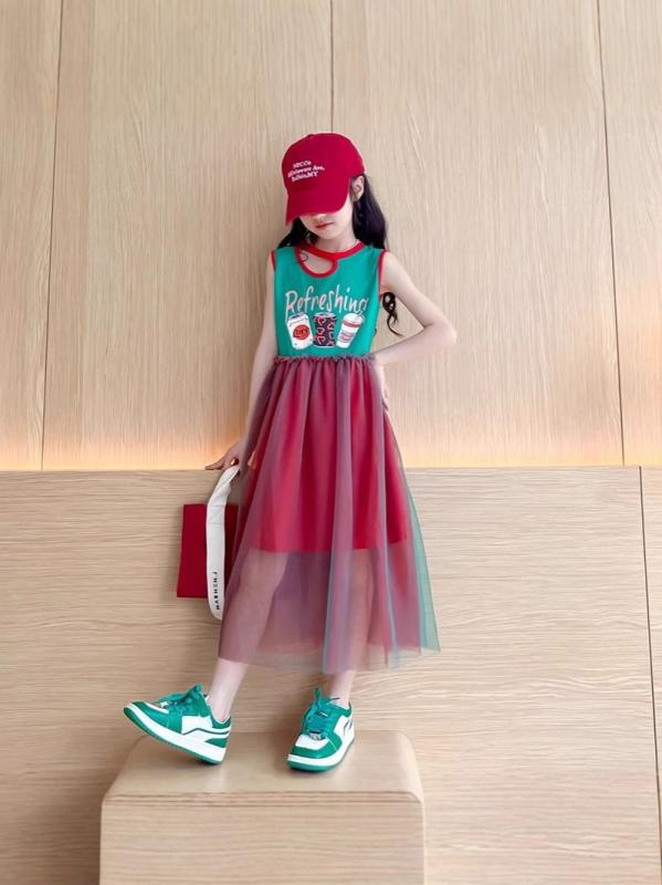 ワンピース キッズ ノースリーブ Aラインスカート 子供服 女の子 カジュアル 膝丈 ロングワンピース チュールスカート 夏 グリーン系 コットン ゆったり かわいい