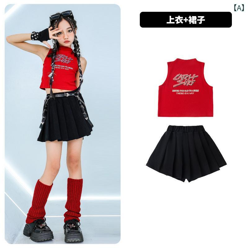 ダンス衣装 キッズ ガールズ チアガール ヒップホップ ジャズダンス へそ出し トップス 短パン セットアップ 女の子 舞台衣装 応援団 演奏会 発表会 練習着 レッスン着 モダール 赤 黒 白