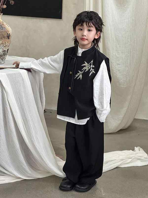 子供用ベスト 春秋 男の子 刺繍 チャイナ風 トップス パンツ セットアップ 漢服 ポリエステル