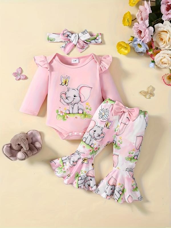 女児 セットアップ かわいい ピンク 薄手 長袖 七分袖 フレア 袖 長ズボン トップス ボトムス 柔らかい ポリエステル 100パーセント 甘め スタイル プリント 柄 田園 カートゥーン 夏服 3ヶ月から24ヶ月 ベビー 女の子 服 通気性 軽量 伸