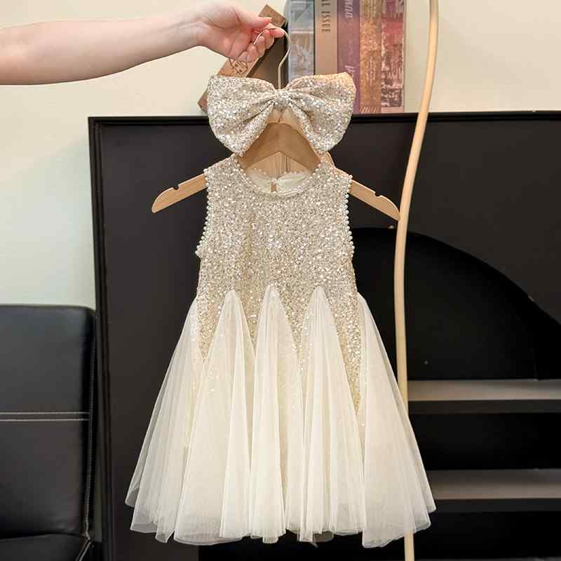 ワンピース キッズ 女の子 子供 ドレス チュール スパンコール ノースリーブ プリンセス シャンパンゴールド かわいい パーティードレス 発表会 結婚式 演奏会 フォーマル イベント 夏 90cm 100cm 110cm 120cm 130cm 140