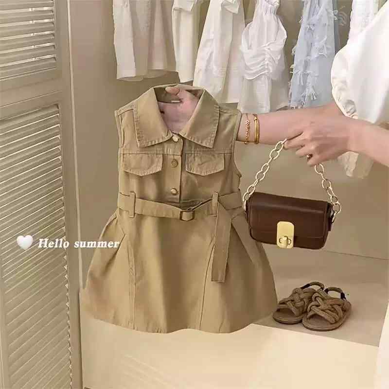 ワンピース キッズ 女の子 子供服 ノースリーブ Aライン スカート コットン 夏 キャミワンピース カーキ色 90 100 110 120 130 140