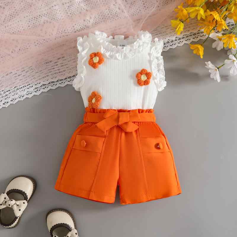 子供服 女の子用 セットアップ ノースリーブ トップス ショートパンツ 2点セット 夏服 ベビー服 幼児 80 90 100 オレンジ ピンク レッド ブルー 無地 普段着 かわいい