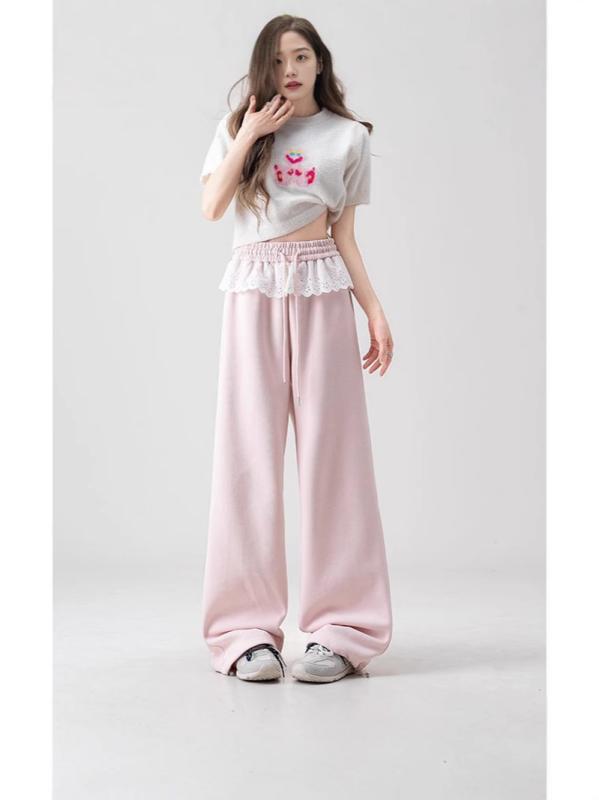 パンツ レディース 春夏 レース 切り替え ワイドレッグパンツ コットン 高腰 ゆったり リラックス カジュアル 米白色 黒色 ピンク系
