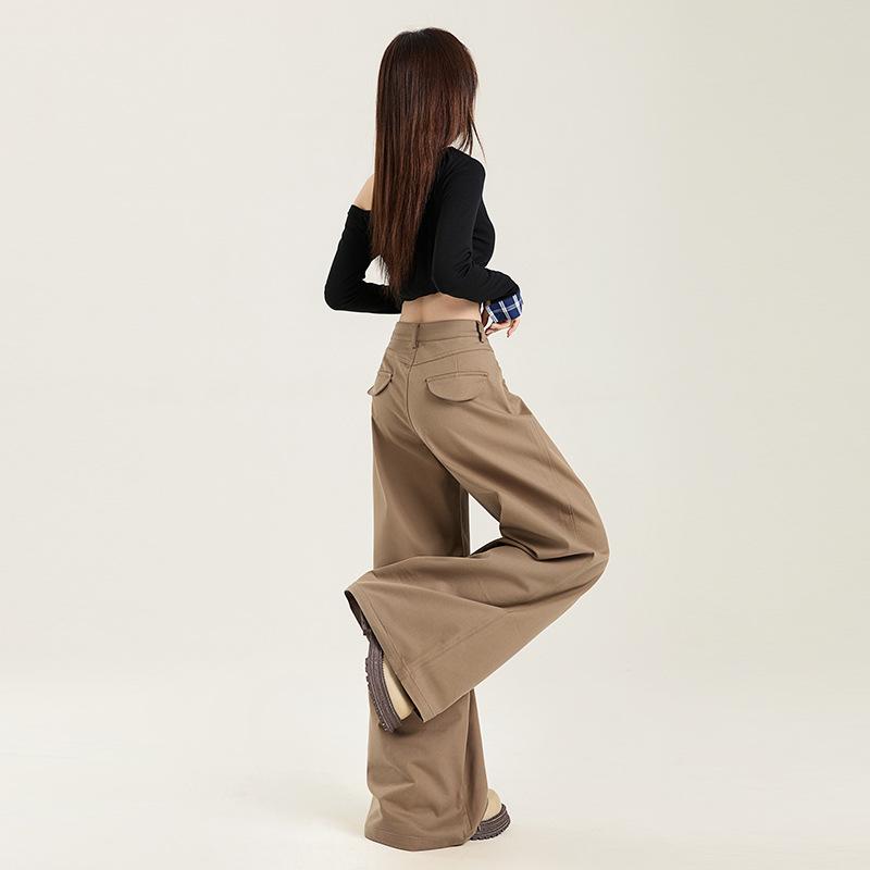 パンツ レディース ワイドパンツ カーキ色 ハイウエスト コットン混紡 ゆったり ストレートパンツ カジュアルパンツ リラックスパンツ ポケット付き 無地 春夏