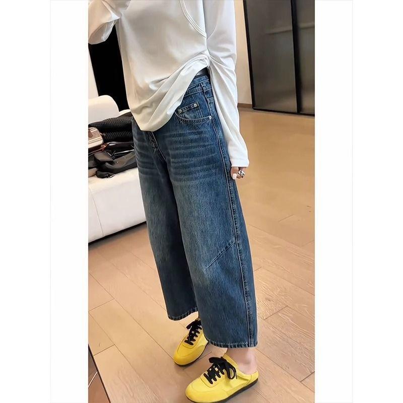 デニム レディース 九分丈 ワイドパンツ ハイウエスト ジーンズ ジーパン ストレート ゆったり カジュアル 美脚 脚長 ズボン 伸縮性 ウォッシュ加工 ブルー系
