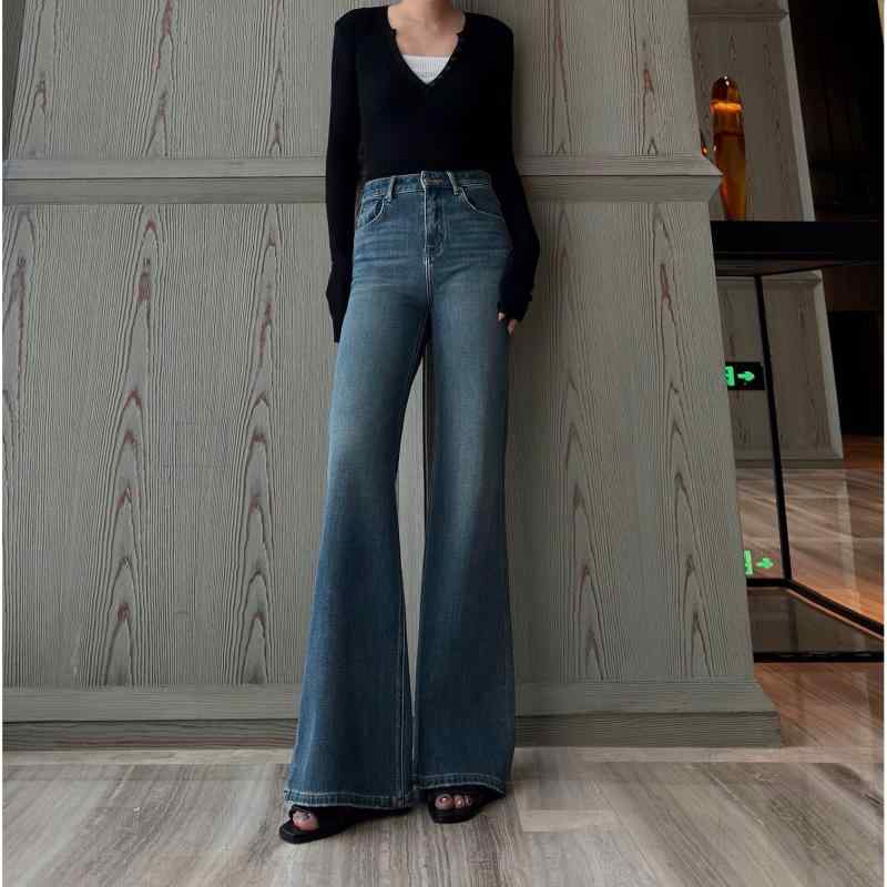 デニム レディース ハイウエスト 美脚 脚長効果 ストレッチ 裾フレア ジーンズ ジーパン ズボン ボトムス Gパン ワイドパンツ カジュアル 深青色 薄青色