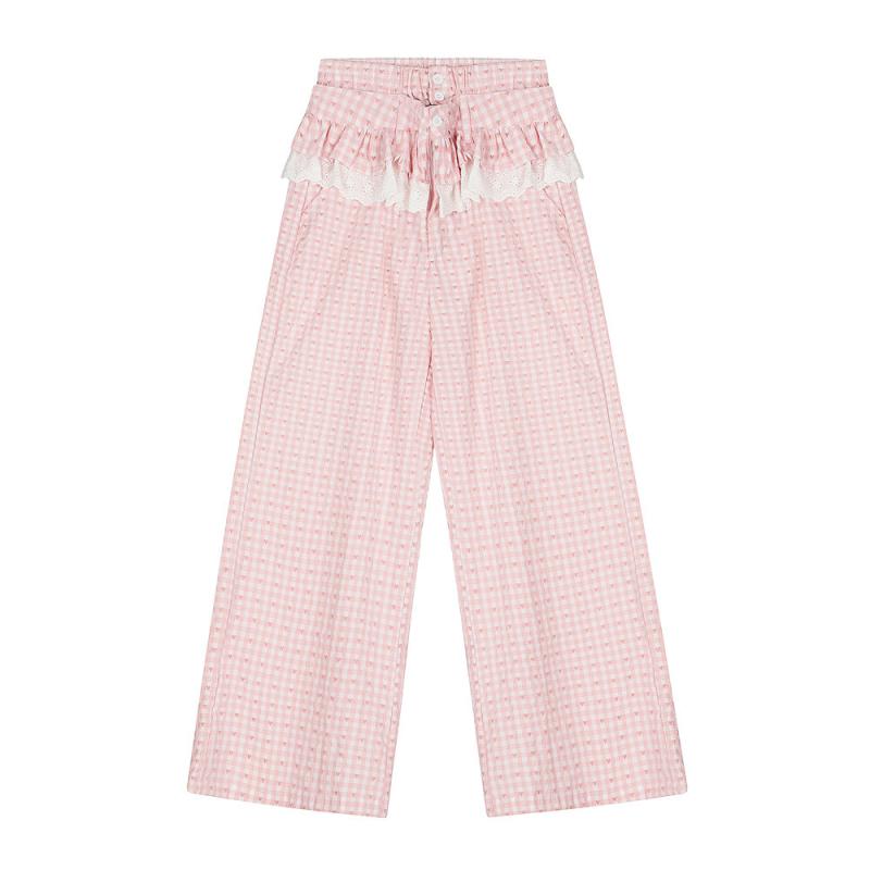 カジュアルパンツ レディース 春夏 接触冷感 伸縮性 格子柄 レース コットン混紡 ゆったり ストレート ワイドレッグ ウエストゴム ピンク系 ブルー