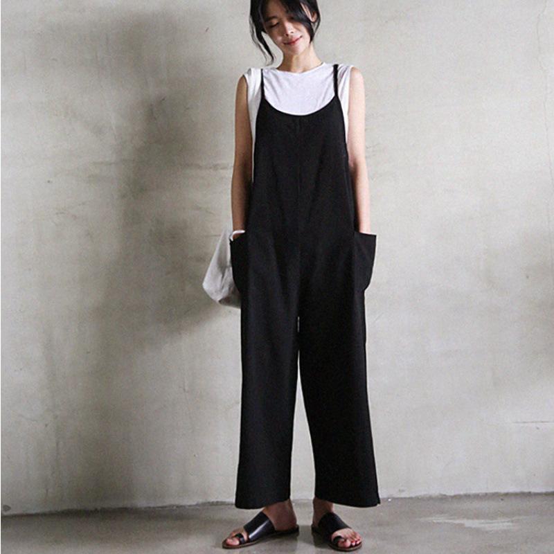 サロペット レディース 綿麻 ワイドレッグ パンツ カジュアル オールインワン ゆったり 黒 コーヒー リラックス ウェア ポケット付き