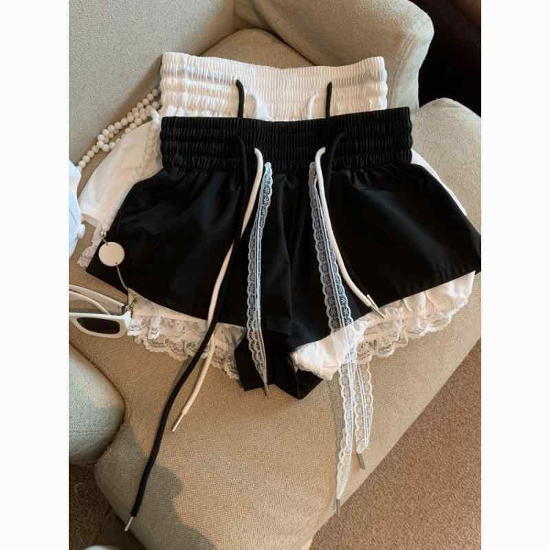 レディース ワイドパンツ ハイウエスト レース切り替え レイヤード 気質通勤 都市スタイル ポリエステル素材 軽量 伸縮性 白 黒 夏 春夏 女性用 普段使い アウトドア 微胖対応 長め丈 百褶デザイン かわいい 減齢効果 脚長見せ