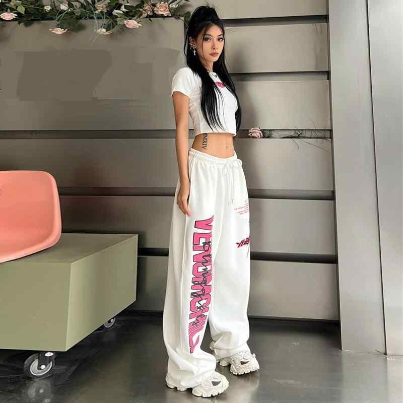 レディース スポーツパンツ 春夏 女性用 高腰 ゆったり ストレートパンツ 長ズボン スリム効果 ダンスウェア プリント柄 ストリートファッション ヒップホップスタイル ポケット付き ポリエステル スパンデックス 混紡 微弾性 軽量 通勤 普段使い アウ