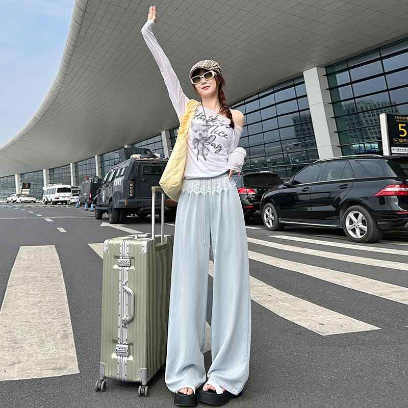カジュアルパンツ レディース レース 花柄 春夏 ワイドレッグ ジーンズ 浅灰色 綿 快適 伸縮性