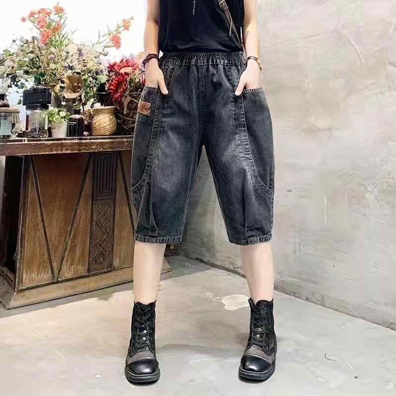 デニム レディース ハーフパンツ 切り替え ダメージ加工 ハイウエスト ゆったり 5分丈 ワイド レトロ 文芸復古 黒 グレー ブルー