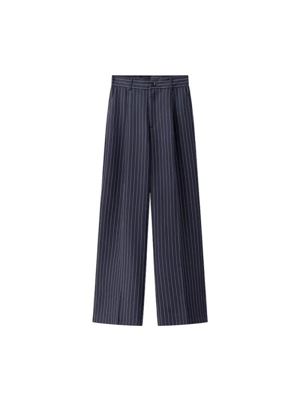 パンツ レディース 直筒パンツ ポリエステル 藏青色 ストライプ柄 スラックス イージーパンツ ロングパンツ 气? 通勤 ?雅 春夏
