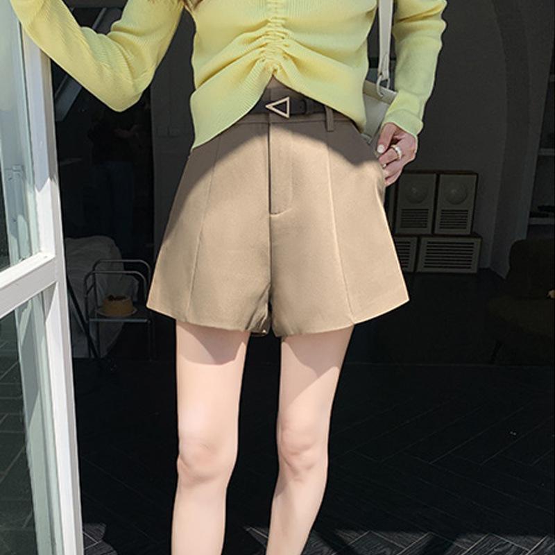 パンツ レディース ハーフパンツ ポリエステル 高腰 Aライン ゆったりサイズ ワイドレッグ カジュアル 通勤着 カーキ色 黒 無地