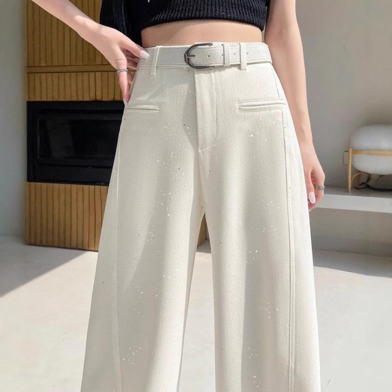 スーツパンツ レディース 春夏 高腰 ワイドレッグ ストレートパンツ スパンコール シャーリングパンツ ゆったり ブラック グレー ホワイト ポケット付き カジュアル きれいめ オフィス