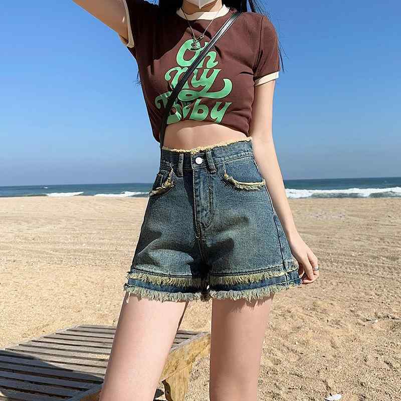 デニム レディース ワイドレッグ ショートパンツ ダメージ加工 ハイウエスト ジーンズ Gパン ジーパン 綿 カジュアル かわいい 春夏 古着風 アメカジ