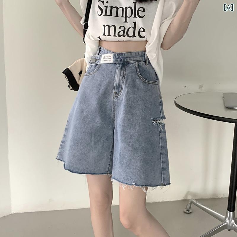 デニム レディース 五分丈 ワイド パンツ 春夏 薄手 ゆったり 大きいサイズ ハイウエスト 着痩せ ストレート ハーフパンツ ブルー グレー S M L XL 2XL 3XL 4XL 5XL