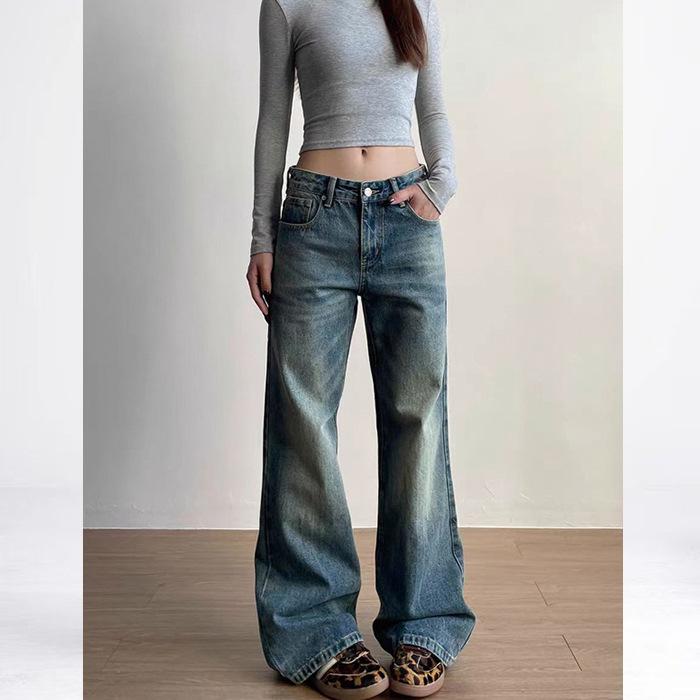 デニム レディース 高腰 ワイド ストレート ジーンズ ゆったり ジーパン 美脚 着痩せ ヴィンテージ ウォッシュ加工 カジュアル 韓国風 春夏 かわいい S M L XL XXL