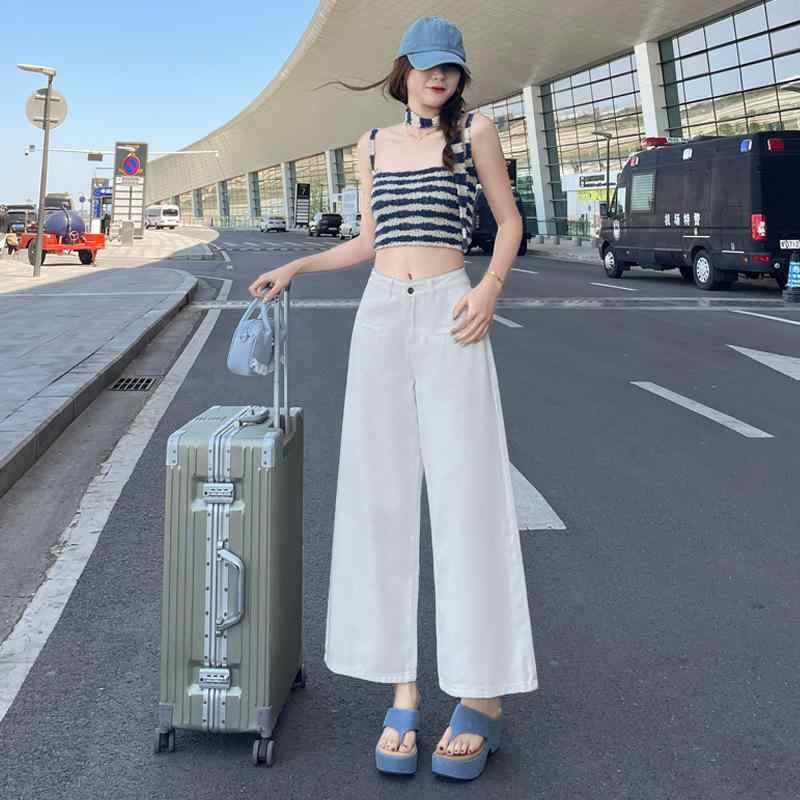 パンツ レディース 春夏 ワイドパンツ ストレートパンツ 高見え 伸縮性 デニム 切り替え コットン 9分丈 薄手 ホワイト ピンク系 イエロー