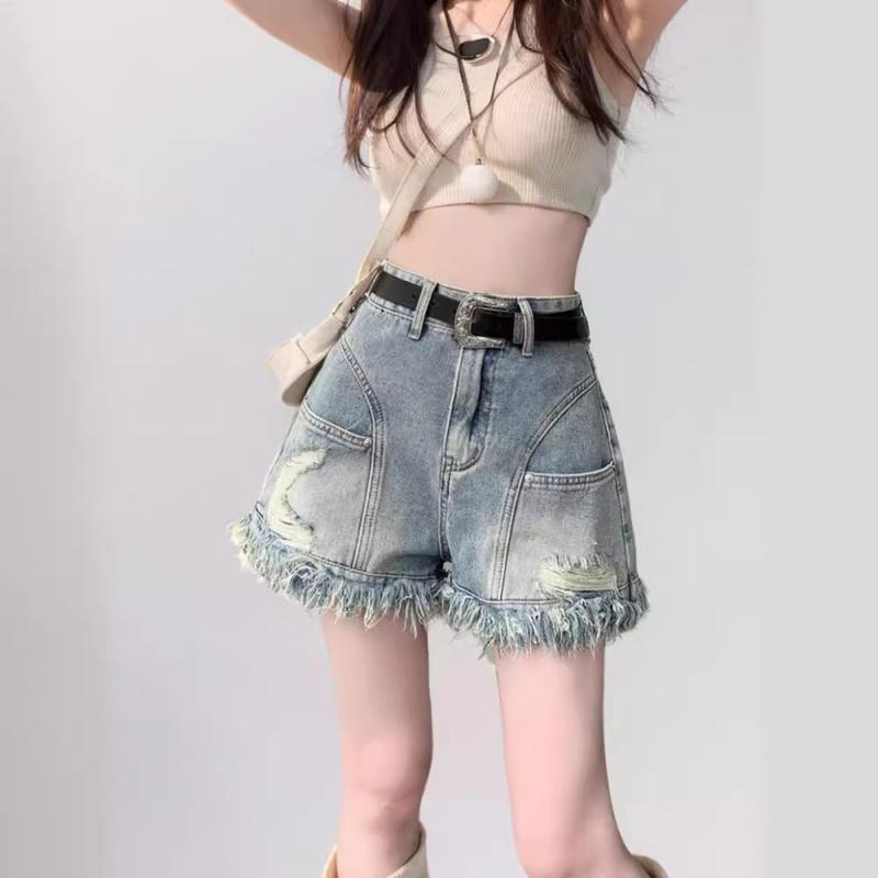 ショートパンツ レディース ダメージ加工 カットオフ フリンジ デニム ホットパンツ 高身長 カジュアル スタイル アップ 脚長効果 美脚 ジーンズ ボトムス 短パン Gパン 綿 ポリエステル