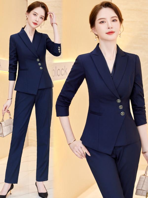 スーツ レディース 長袖 秋 ホテル マネージャー ジュエリーショップ 販売員 オフィス 制服 ワークウェア ジャケット パンツ ブラック ブルー グリーン ポリエステル 粘・屬繊維