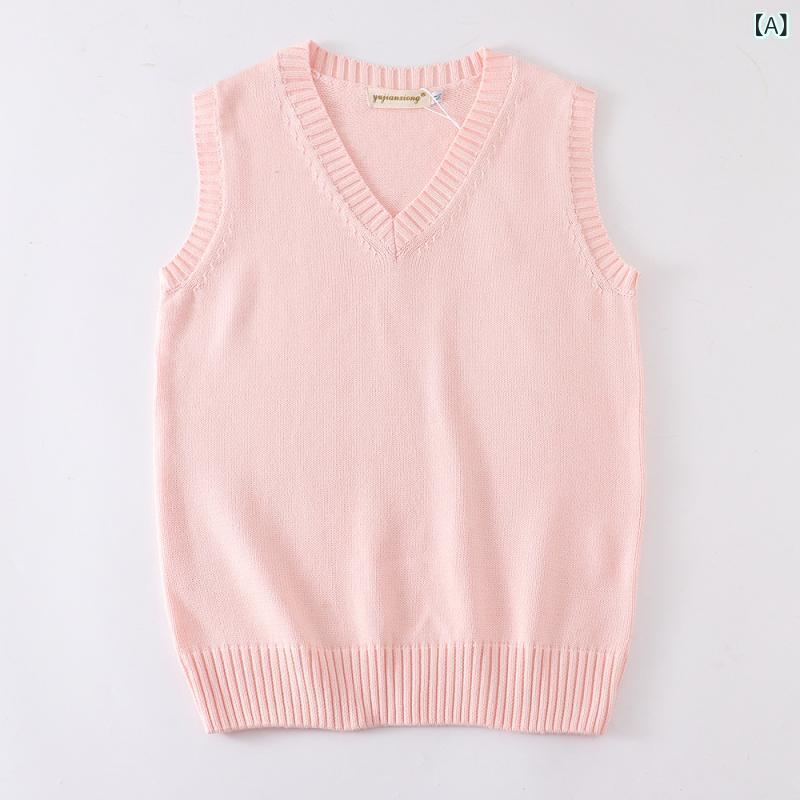 ニット レディース ベスト JK制服 スクール Vネック コットン ノースリーブ セーター 厚手 ピンク ブラック 紺色 杏色 果物グリーン 淡い黄色 ライトグレー アイボリー ラベンダー パープル コーヒー色 暗赤色 濃いグレー レモンイエロー カーキ
