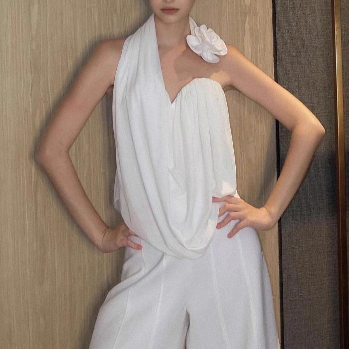 レディース ハルタップ セクシー トップス 切り替え 立体花 デザイン 女性用 夏 短丈 ポリエステル 微弾性 白 黒 私服 気質 優雅 スタイル かわいい セクシー 風 軽量 吸湿速乾 トップス ブラウス シャツ セーター カットソー インナー セータ