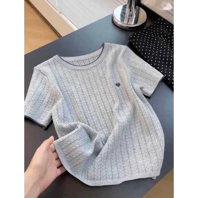 ニット レディース 半袖 Tシャツ カットソー 韓国風 トップス プルオーバー 丸首 切り替え 刺繍 薄手 きれいめ かわいい 接触冷感 日韓スタイル 普段使い 快適 杏色 グレー