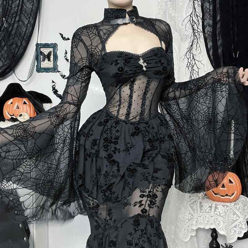 カーディガン レディース ハロウィン コスチューム 衣装 トップス 蜘蛛の巣柄 シースルー 長袖 ショート丈 黒 ブラック セクシー パーティー イベント