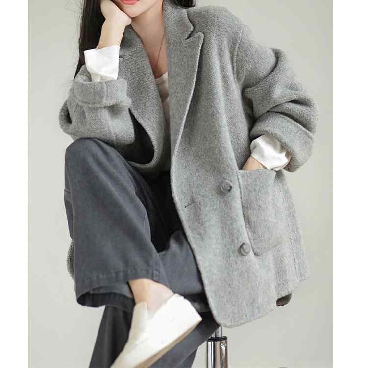 コート レディース 高級感 グレー ウール ミドル丈 ダブルブレスト ゆったり 厚手 アウター 秋冬 通勤 エレガント 羊毛
