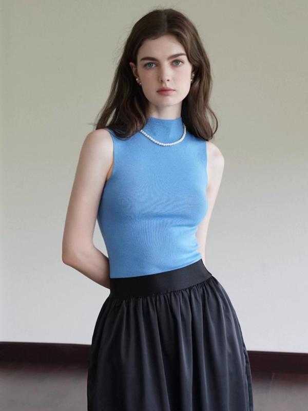 ニット レディース 女性用 無縫製 一体型 ハーフハイネック ノースリーブ ニット ベスト スリムフィット 着痩せ インナー プルオーバー トップス アンゴラ赤 白 黒色 カラシ色 カーキ色 ダークグレー 松露黒 スカイブルー 葉緑色 茶色 ウール 95