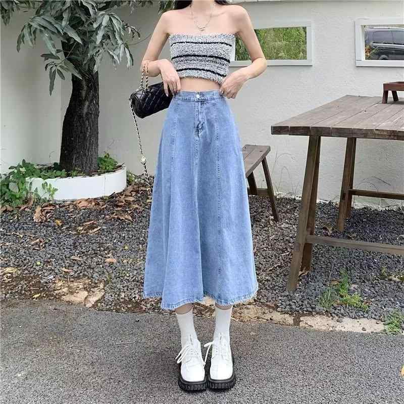 スカート 女性用 春夏 ハイウエスト デニム 半身スカート 学院風 腹部カバー スリム効果 中長丈 Aライン 傘スカート 深青 ライトブルー ポリエステル混 ノーアイロン 街頭カジュアル スイート フレッシュ 無弾性 純色