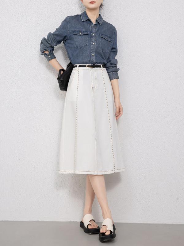 スカート レディース 春夏 デニム Aライン ミモレ丈 ハイウエスト カジュアル 白 紺 伸縮性 6,028円