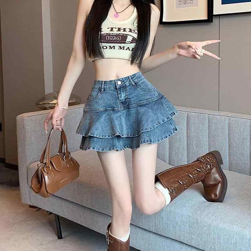 スカート レディース デニムスカート ミニスカート Aライン ハイウエスト 切り替え ケーキスカート 美脚 脚長効果 古着風 アメカジ 淡色