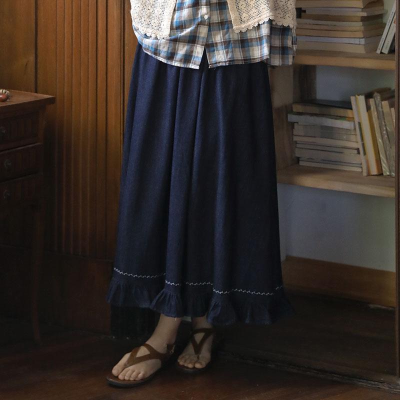 スカート レディース 春夏 デニム Aラインスカート ミモレ丈 ハイウエスト 切り替え コットン 通勤 普段使い レトロ 大人 かわいい 深藍色