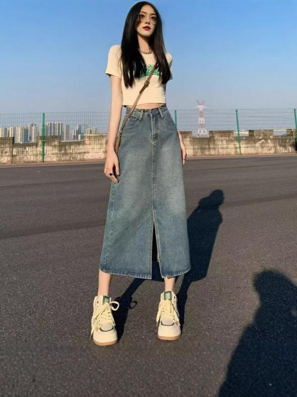 スカート 女性用 デニム 半身スカート 春夏 通勤用 高腰 包み込み ミドル丈 直筒 ワイド Aライン コットン 混紡 ポケット ボタン ジッパー ビンテージ加工 ブルー 無弾性