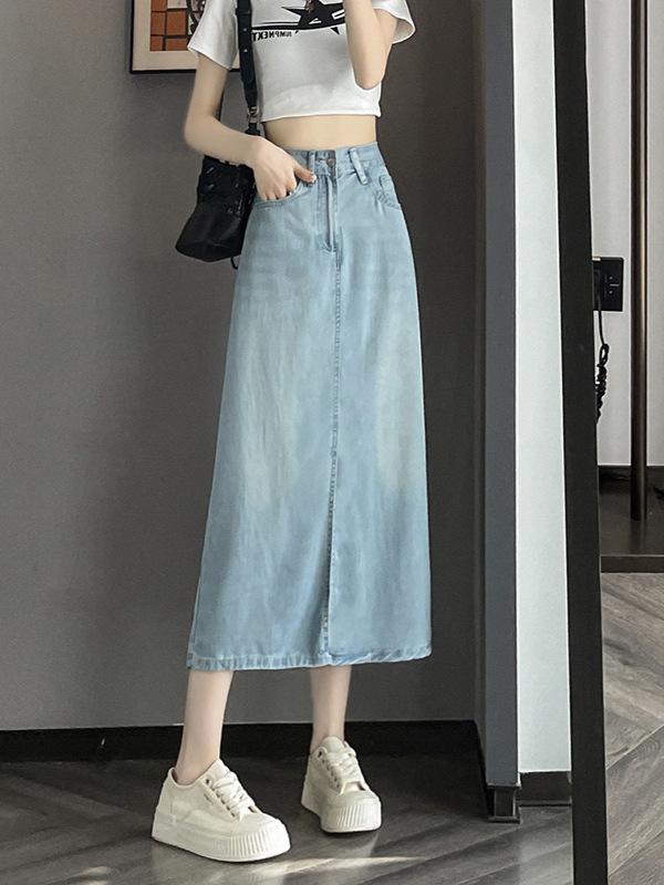 スカート レディース デニムスカート ミモレ丈 タイトスカート スリット ハイウエスト 黒 紺 無地 ポリエステル 美脚 スタイルアップ 通勤 オフィス カジュアル