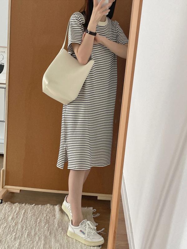 ワンピース レディース 春夏 半袖 ストライプ柄 Tシャツワンピース ミモレ丈 スリット 接触冷感 ゆったり かわいい 韓国風 カジュアル リゾート 普段使い