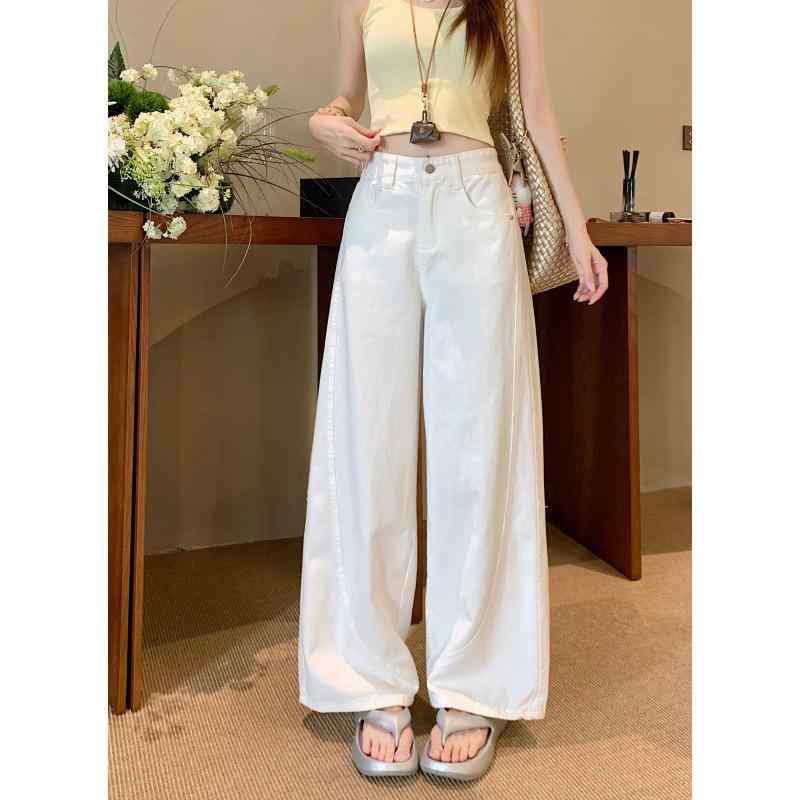 レディース 牛仔パンツ 女性用 デニム 夏 春夏 高腰 ワイドレッグ ロング ワイドパンツ ゆったり 垂感 軽量 吸湿速乾 接触冷感 都市 通勤 普段使い 快適 気質 スタイル 都市風 快適レジャー 水洗加工 ボタン ホワイト ホワイト系 アイボリー 再
