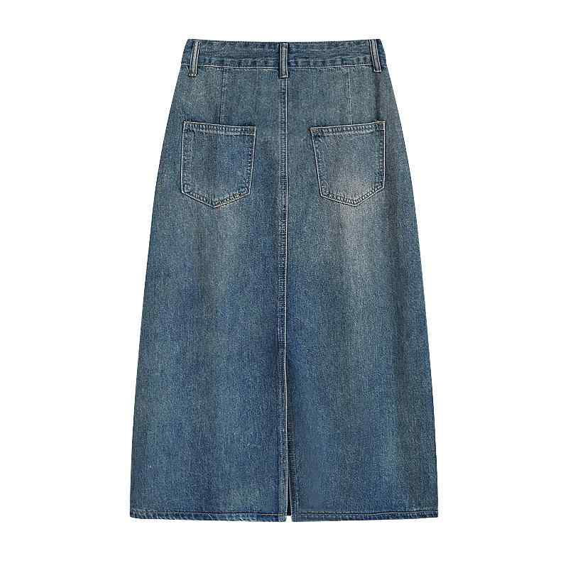 スカート レディース デニム Aライン ミモレ丈 ハイウエスト スリット ヴィンテージ風 ブルー S M L XL 2XL 3XL
