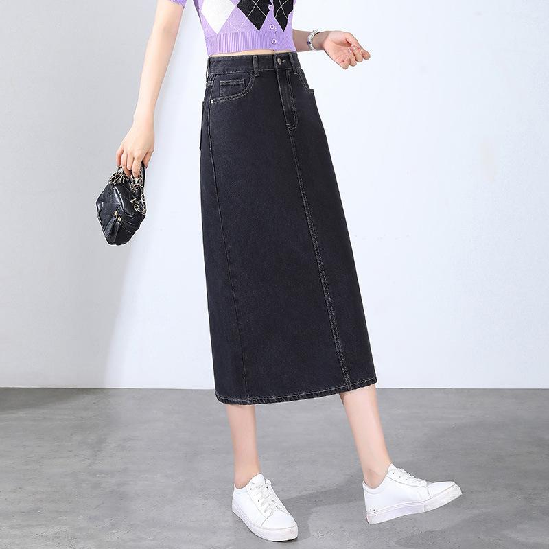 スコート レディース 春夏 高腰 ジーンズスコート ミモレ丈 細長い切口入り口・入口 タイトスカート 心地好い 好いたらしいめ 美脚 黒いこと 衣嚢付き添い人