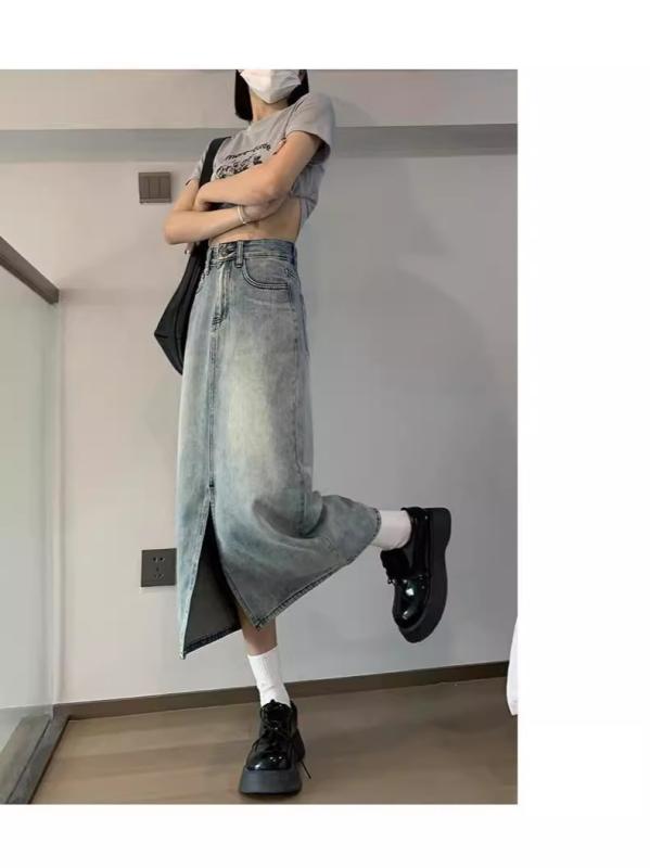 スカート レディース デニム Aライン ミモレ丈 スリット 普段使い 通勤 伸縮性 ポケット付き ブルー系 ポリエステル