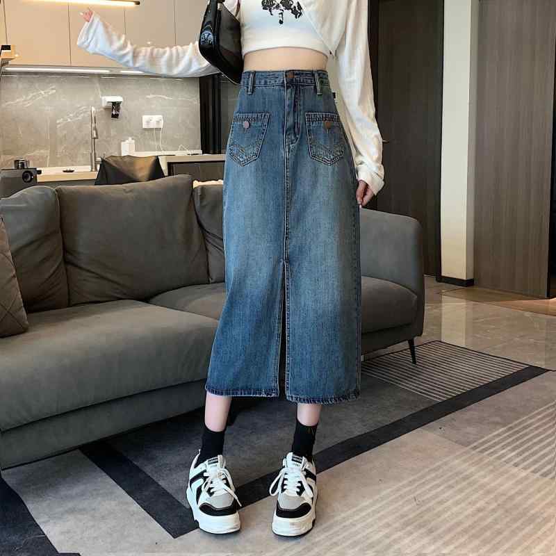 スカート レディース デニムスカート ミモレ丈 Aライン スリット ハイウエスト 着痩せ ブルー コットン ポケット 普段使い 通勤 伸縮性なし
