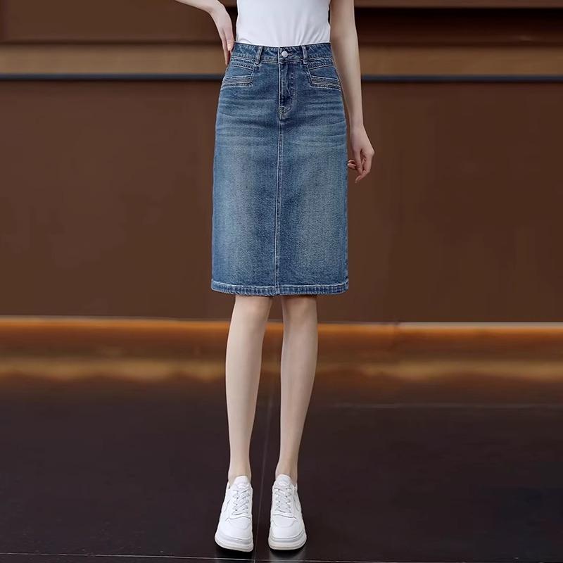 スカート レディース 高級感 高見え 高見えデザイン デニムスカート Aラインスカート ロングスカート ミモレ丈 スリット入り ハイウエスト ブルー コットン 伸縮性 着痩せ効果 体型カバー 普段使い 通勤