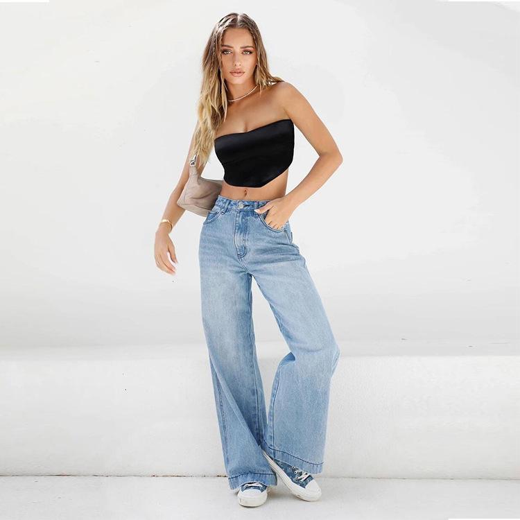 レディース 牛仔パンツ 高腰 ワイドレッグ ロング丈 ゆったりシルエット コットン素材 ストレッチ性 洗い加工 ライトブルー 春夏 ストリートスタイル 普段使い 通勤対応 軽量 吸湿速乾